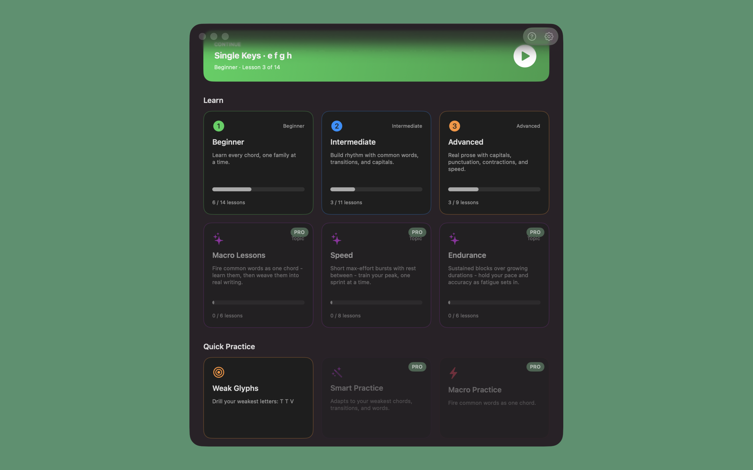 Chordal home screen showing Beginner, Intermediate, and Advanced tracks plus Quick Practice.