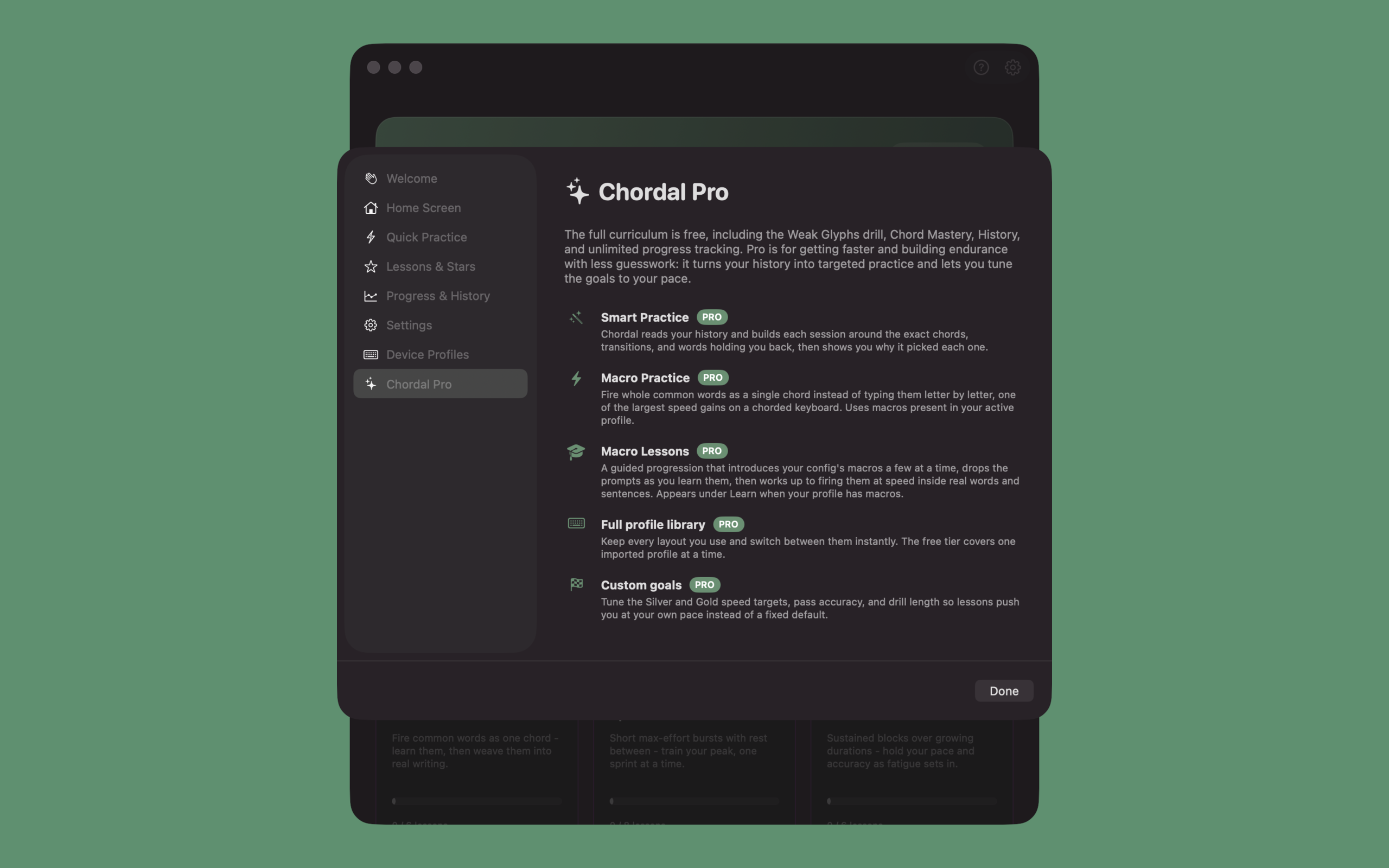 The Chordal Pro screen listing Smart Practice, Macro Practice, Full profile library, and Custom goals.