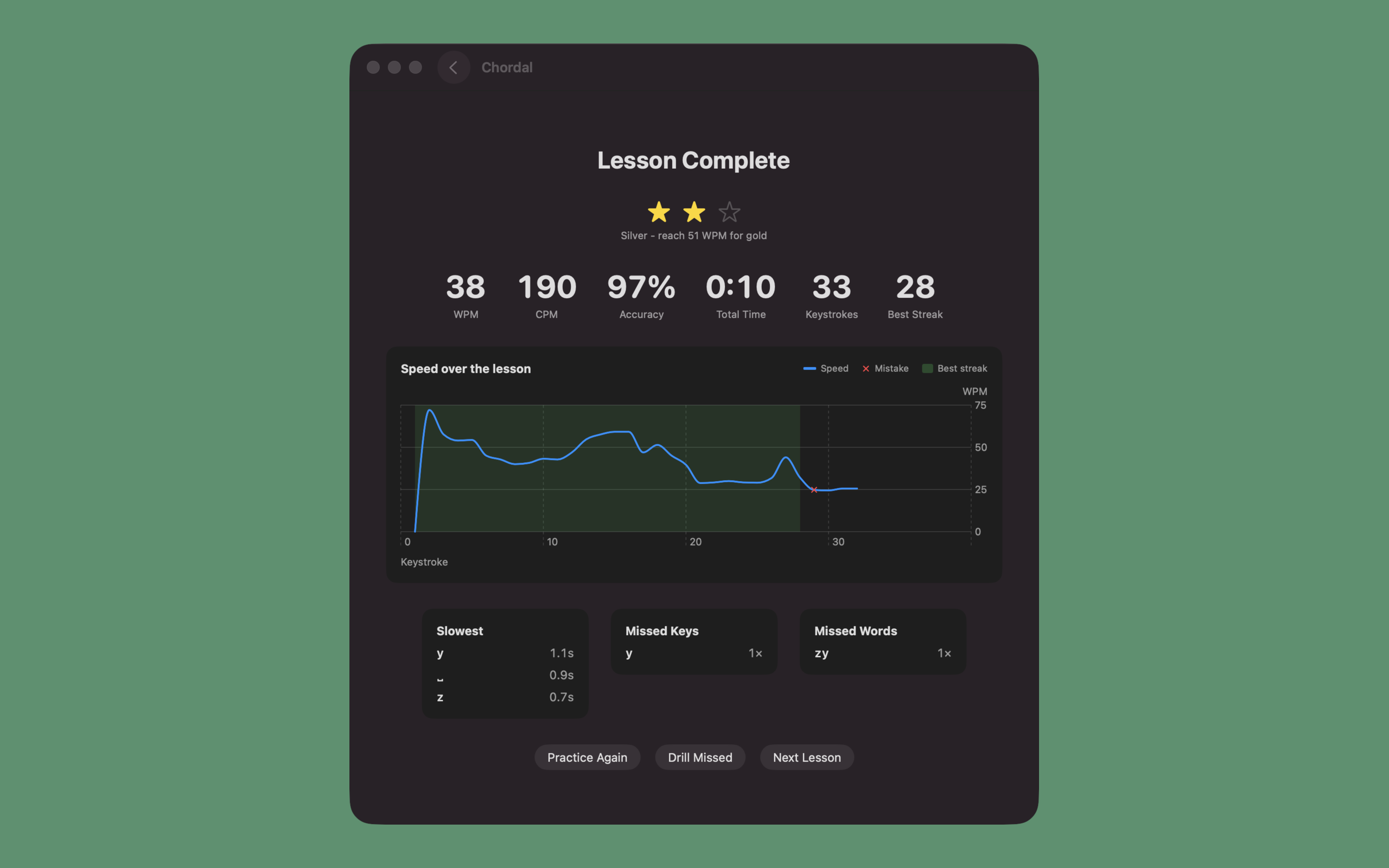 Chordal lesson summary awarding stars for accuracy and speed.