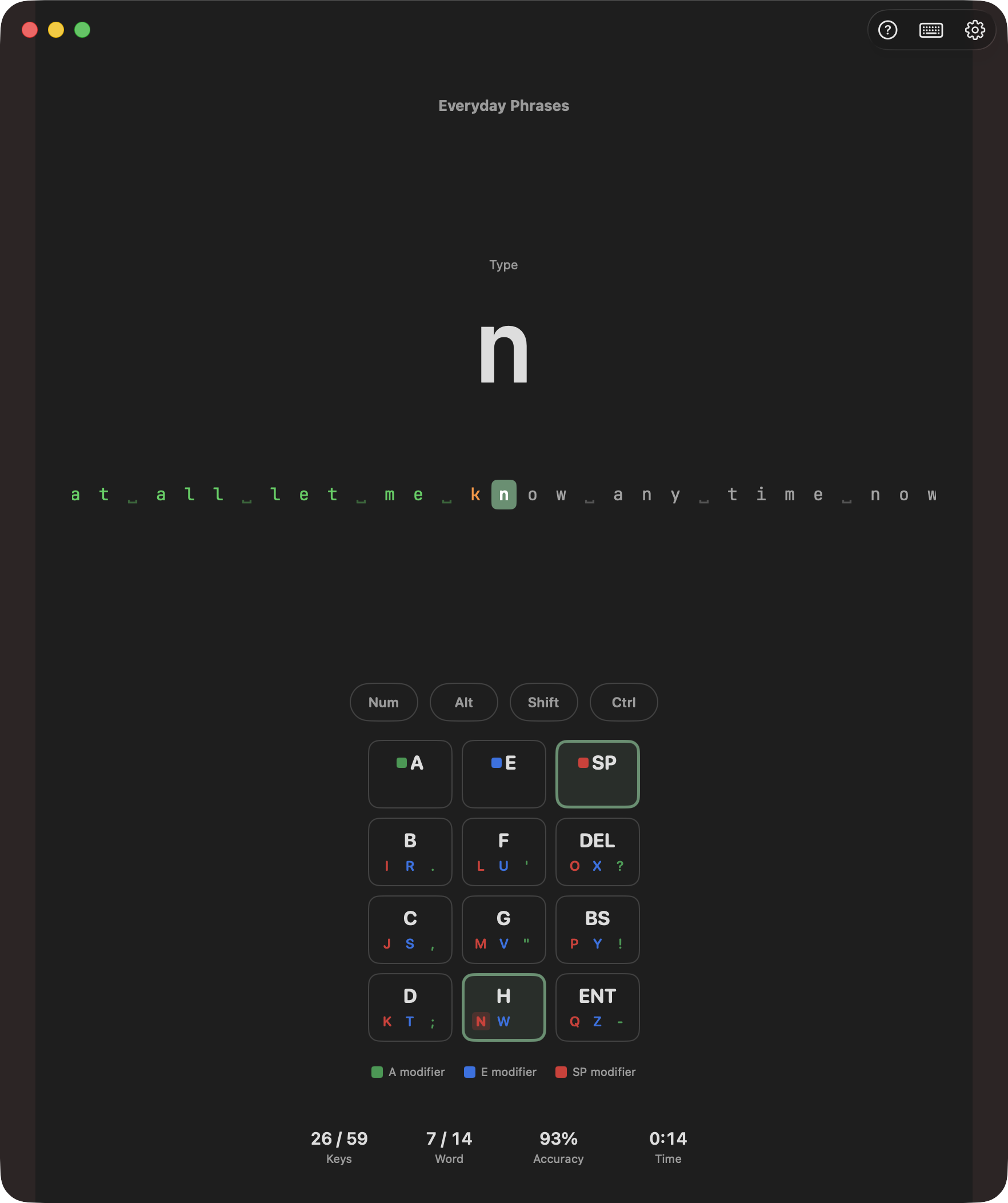 A Chordal lesson rendering the Twiddler chord diagram, with each letter mapped to its button combo.
